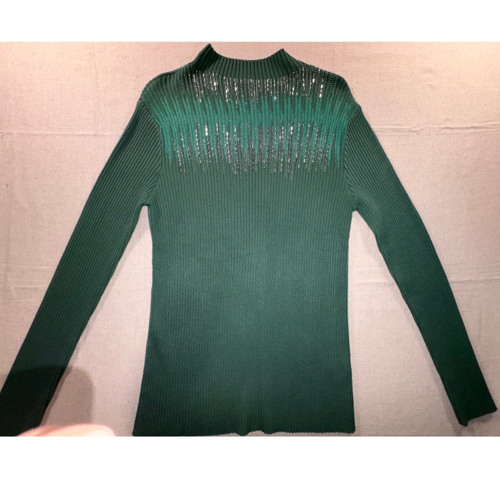 Boston Proper Green Ribbed Mock Neck Embellished Sunburst Sweater Size M